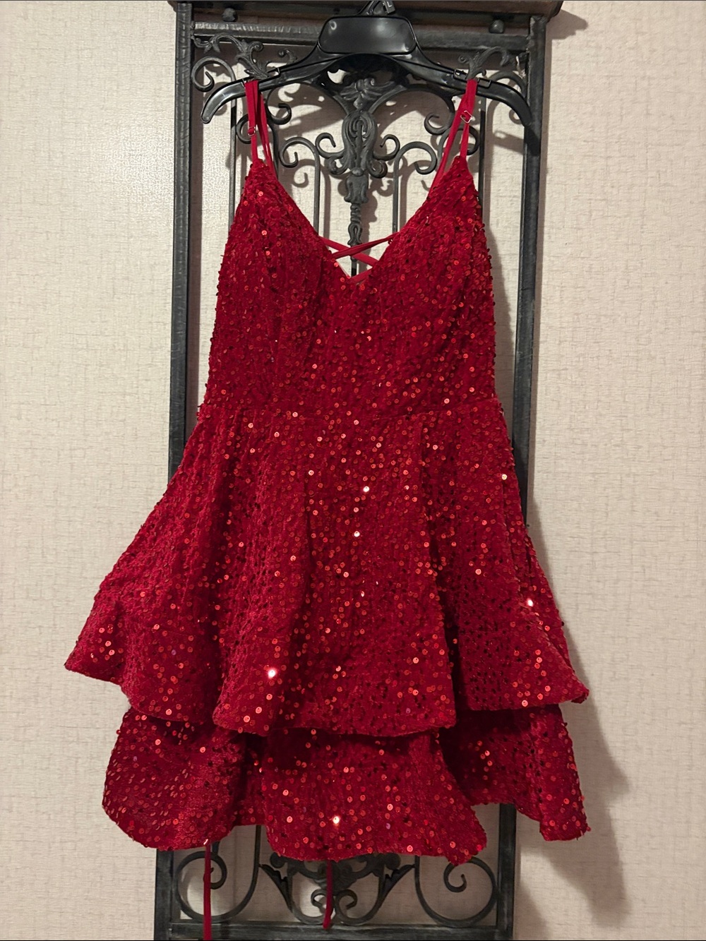 Red Sequin Tiered Prom Dress with Crisscross Back